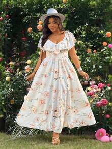 Ceyna Plus Size White Summer Boho Bachelorette Party Tea Party Holiday Floral Print Maxi Dress,Women's Woven Ruffle Collar Square Neck Cinched Waist Dress - Apricot - View 6