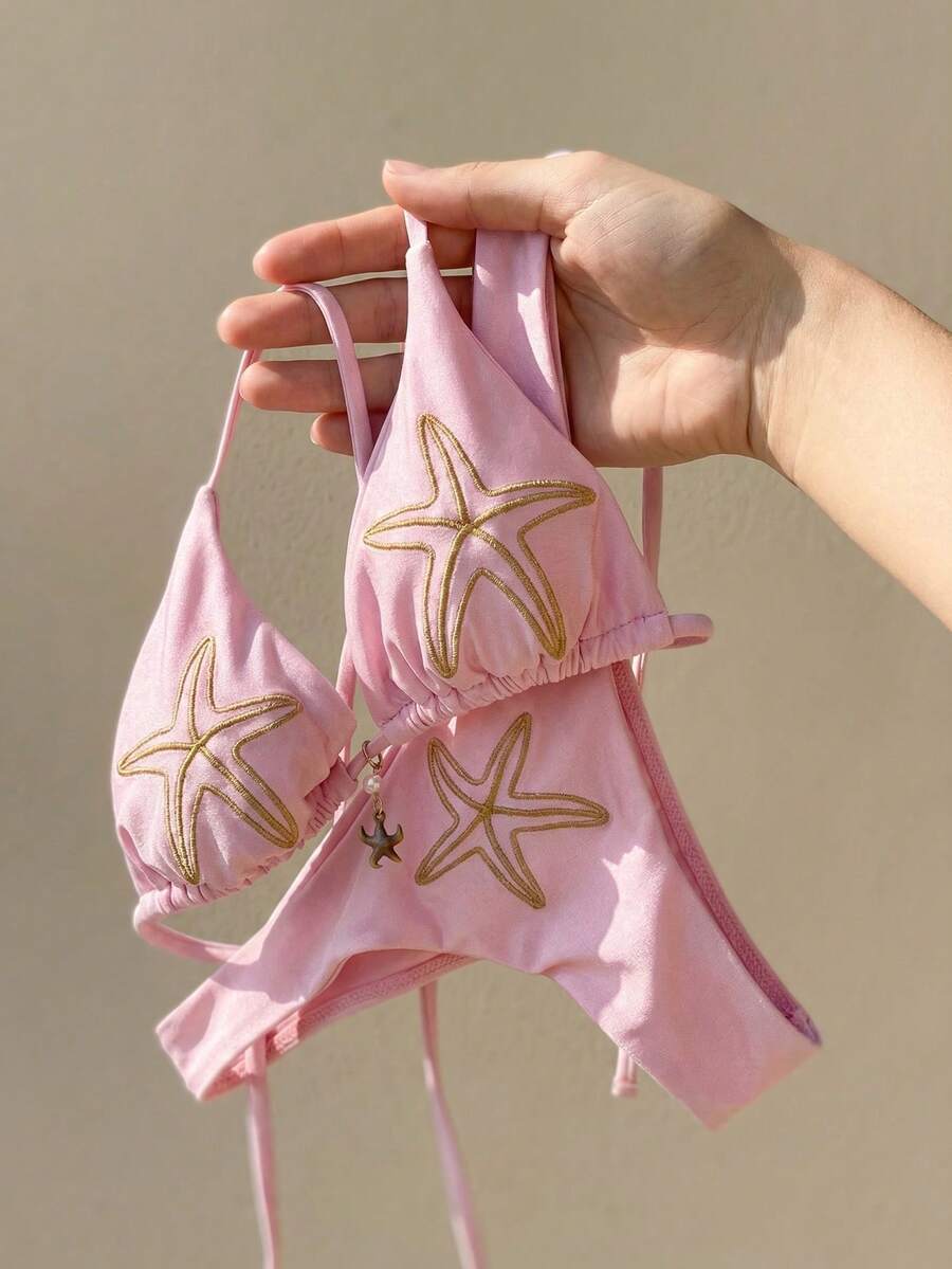 Swim Mod Embroidered Solid Color Tie-Up Bikini Set Bathing Suit Accessories Swimwear - Pink - View 1