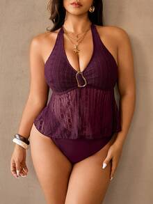 Auralis Plus Size Women Metal Decor Fashionable Halter Tankini Swimsuit Set Summer Outfit For Women Beach Outfits For Women Plus Size Bathing Suits Women Maiôs Feminino Praia Elegante Maiôs Feminino Praia Elegante Praia - Red Violet - View 2
