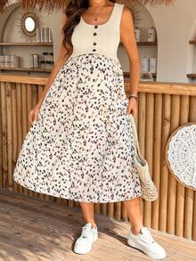 SHEIN Đầm bầu không tay in họa tiết phối màu, kiểu dáng thường ngày, dùng cho việc cho con bú. - Màu Khaki - Xem 4