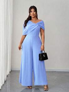Elenzga Eleganter romantischer Jumpsuit für Damen in Große Größen mit asymmetrischem Kragen und taillierter Passform - Blau - Übersicht 4