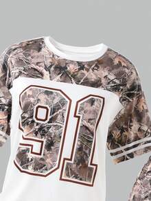 SHEIN 两件套休闲街头风数字印花T恤+工装裤，舒适贴身，活动自如，时尚街头元素，适合上学、通勤、周末郊游、春季日常穿着。 - 彩色 - 查看 3