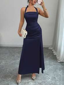 Rafferiza Elegant Champagne Color Bodycon Camisole Elastic Satin Thigh High Slit Dress - Navy Blue - View 5