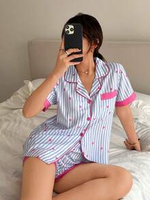 Napfluff Heart Contrast Stripe Cardigan Pajama Set For Women - Blue and White - View 6