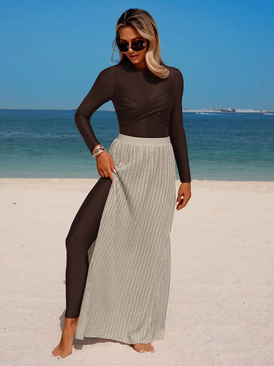 Swim Shayni Women's Sporty Leisure Beach Surfing Long Sleeve One-Piece Swimsuit - Brown - View 1