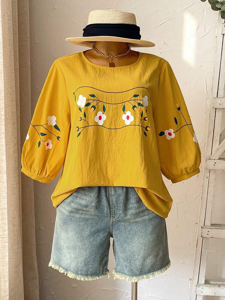 Plus Size Women Floral Print Round Neck Casual Versatile Daily Wear Shirt,Summer Outfits For Women