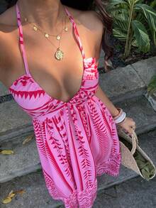SHEIN PETITE Đầm dài buộc nơ cổ yếm in họa tiết boho đa năng dành cho nữ, thích hợp cho kỳ nghỉ hè. - Nhiều màu - Xem 7