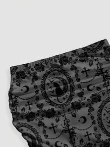 ROMWE Gothic Black Elegant Beach Vacation Black Cat Cross Valentine's Rose Vine Optimized Palace Sexy Full Print Ruched Bodycon Mermaid Skirt For Women - Black - View 4