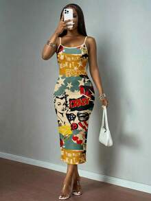 Slaydiva 大码女式字母和图案印花修身吊带连衣裙，休闲女式连衣裙，摇滚风连衣裙，图案连衣裙，紧身连衣裙，海报连衣裙，女装连衣裙，纽约迷彩女式连衣裙，女士连衣裙 - 彩色 - 查看 3