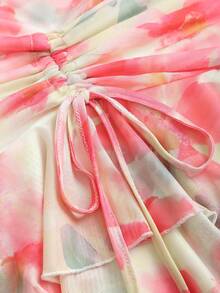 Sweetra Y2K Sexy Asymmetric Neck Pleated Drawstring Ruffle Hem Vacation Dress - Multicolor - View 5