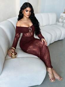 Dayanna Comas Women's Elegant Lace Patchwork Maxi Mermaid Dress, Off Shoulder Backless Formal Gown, Sexy Sheer Long Sleeve Dress, Suitable For Dates, Gatherings, Birthdays, Parties, Graduations, Cocktail Events, Wedding Guests, Formal Occasions;Gala Night;Gown For Prom Night - Coffee Brown - View 6
