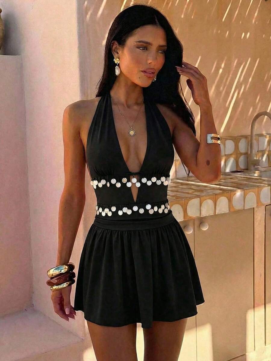 Aloruh 女士新款纯黑色迷你连衣裙，性感露背深V领拼接缎带A字裙，度假连衣裙，音乐节服装