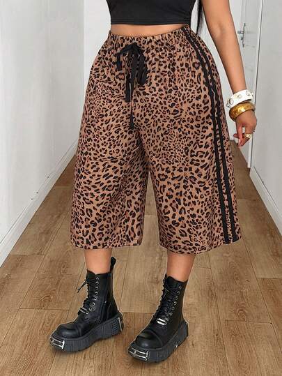 Maweii Plus Size Women's Casual Leopard Print Fabric Elastic Waist Drawstring Bow Decor Wide Leg Pants, Versatile Design For Vacation, Concert, Outing, Party, Date Night, Spring/Summer
