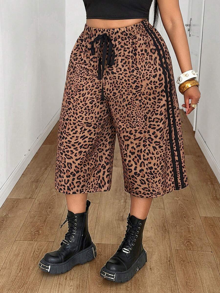 Maweii Plus Size Women's Casual Leopard Print Fabric Elastic Waist Drawstring Bow Decor Wide Leg Pants, Versatile Design For Vacation, Concert, Outing, Party, Date Night, Spring/Summer - Multicolor - View 1