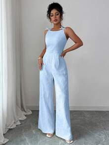 SHEIN Elenzya Bộ jumpsuit ống rộng thắt eo bằng vải jacquard họa tiết nơ và hoa cúc dành cho nữ, thanh lịch cho việc đi làm hàng ngày. - Màu xanh nhạt - Xem 3