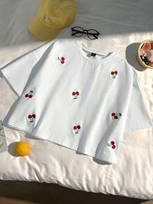 Comfortcana Áo thun tay ngắn cỡ lớn màu trắng thêu hoa anh đào - trắng - Xem 4