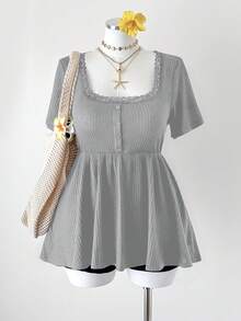 Sunspun Plus Size Square Neck Patchwork Ruffle Trim Button Decor A-Line Short Sleeve Knit Elegant Retro Casual Cute Vacation T-Shirt For Women - Grey - View 3