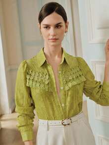 Anewsta Women's Autumn New Floral Lace Patchwork Chiffon Jacquard Blouse Teachers' Day Golf Pastal Sexy - Green - View 6