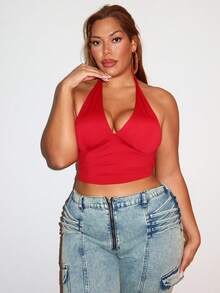 MelDlgn Plus Size Sexy Solid Color Halter Backless Camisole Top, Summer - Red - View 6