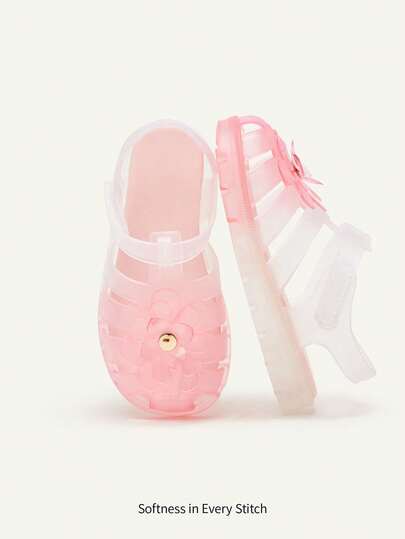 Cozy Pixies Um par de sandálias rasteiras infantis de verão, modernas e versáteis, básicas, transparentes, rosa, com sola macia, estilo princesa.