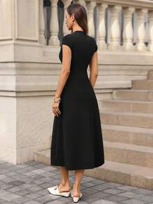 Editum 女士优雅纯色中长连衣裙，适合通勤和夏季穿着 - 黑色 - 查看 3