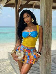 Slaydiva Spring/Summer Vacation, Beachfront, Elegant, Romantic, Sexy Party, Date, Birthday Party, Casual, Elegant, Yacht Trip. Mesh T-Shirt And Contrasting Metallic Embellished Tube Top With Multi-Layered Ruffled Skirt. Women's Set, Three-Piece Set - A - Multicolor - View 1