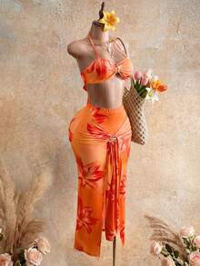 Mistrie Bộ đồ 2 món gợi cảm dành cho nữ, gồm áo croptop và chân váy ngắn, trang trí hình sao biển kim loại, thích hợp cho kỳ nghỉ. - trái cam - Xem 7