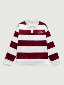 Courvante 男士字母印花条纹 Polo 领长袖休闲套头卫衣 - 紅白色 - 查看 1