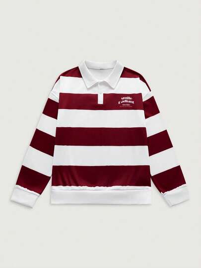 Courvante Áo nỉ chui đầu dài tay cổ polo in họa tiết sọc cho nam