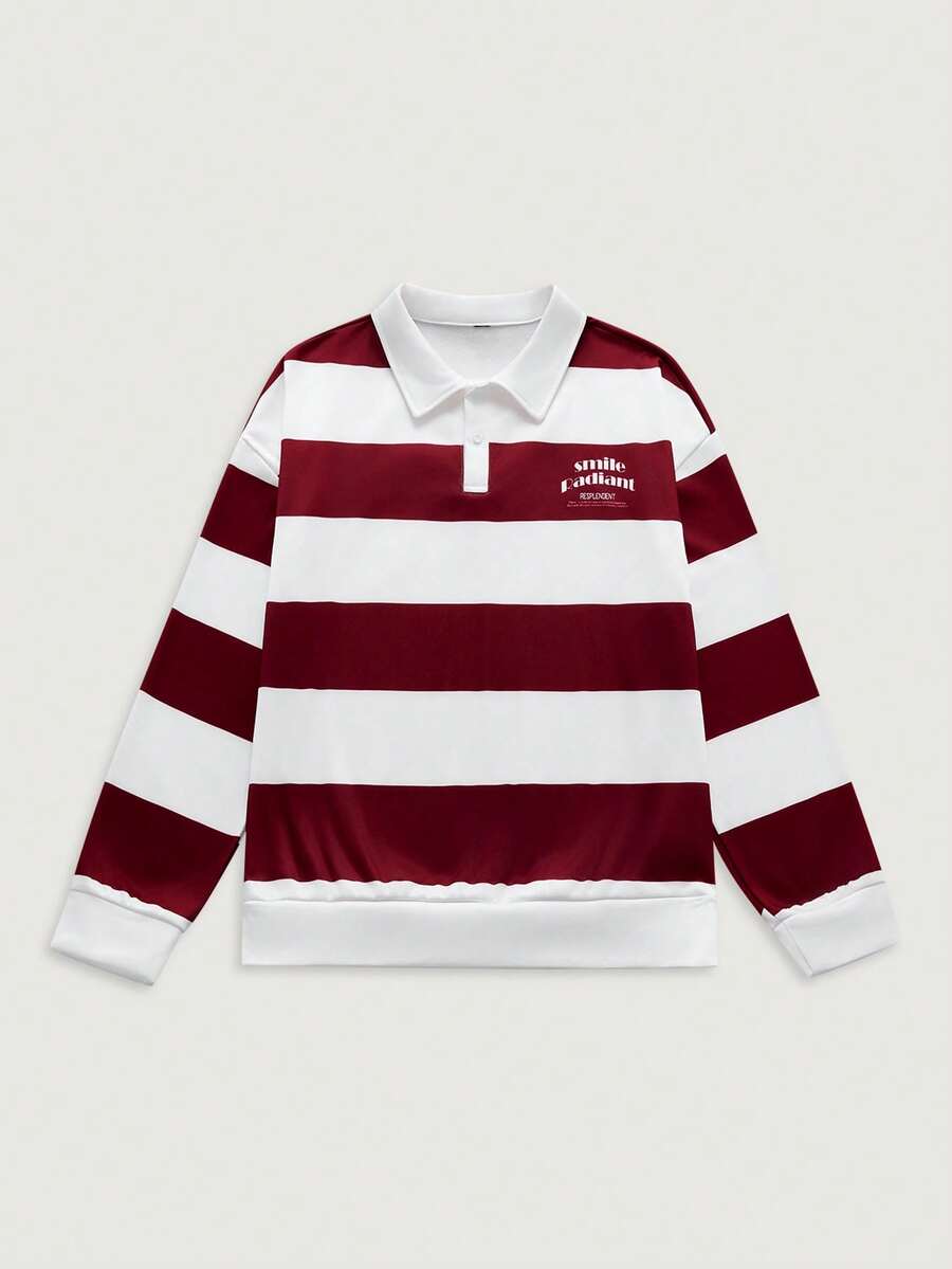 Courvante 男士字母印花条纹 Polo 领长袖休闲套头卫衣 - 紅白色 - 查看 1