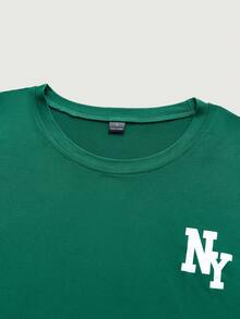 Men's Letter Print Round Neck Casual Versatile Short Sleeve T-Shirt - Dark Green - View 5
