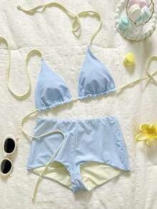 Bonvoyette 女士泳装比基尼，纯色蓝黄色，休闲度假比基尼平角泳裤，内置胸罩露脐背心吊带泳装，适合度假、海滩、花园婚礼宾客穿着，优雅套装，适合女士派对度假，都市海滩波西米亚风2026春夏沙滩装，美人鱼女士沙滩套装，女士沙滩装，科切拉音乐节女士泳衣，两件式比基尼套装，女士度假套装，比基尼 - 藍色 - 查看 4