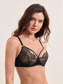 DesireSculpt 1pc Women Valentine's Day Lace Cut Out Wireless Sexy Lingerie Bra - Black - View 6