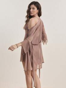 对比色蕾丝荷叶边袖蝴蝶结前网眼长袍和吊带裙睡衣套装/睡衣套装领结 - 棕色 - 查看 7