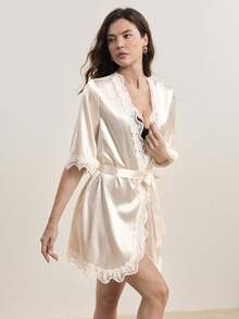 Hourtrue 女士缎面蕾丝系带睡袍 Luxeloungewear，秋冬款 - 米色 - 查看 6