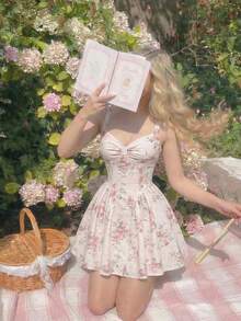 SHEIN MOD 纽扣装饰复古印花迷你连衣裙 - 彩色 - 查看 2