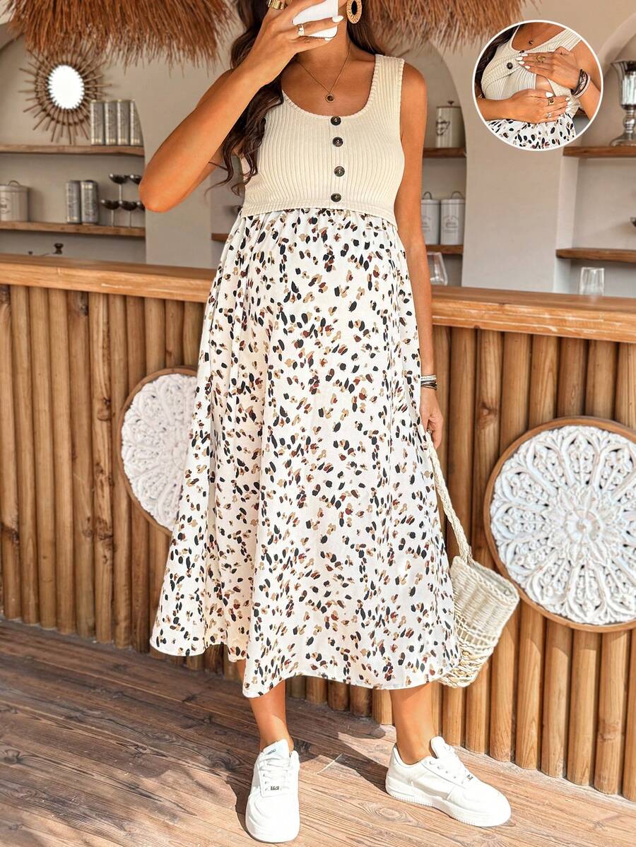 SHEIN Đầm bầu không tay in họa tiết phối màu, kiểu dáng thường ngày, dùng cho việc cho con bú. - Màu Khaki - Xem 1