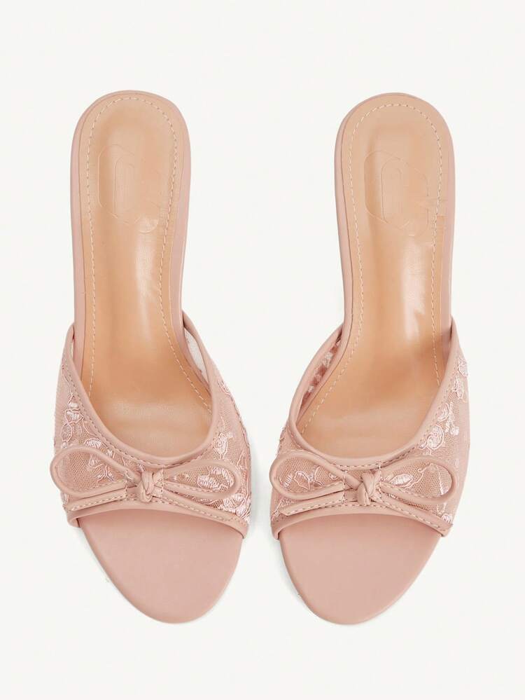 CUCCOO CHICEST Women's Shoes Fashion Pink Lace Bow Decoration Round Toe Medium High Heel Color Matching Painted Slim Square Heel Mule Shoes, Suitable For Commuting, Dating, Parties, Holidays, Weddings, Valentine's Day And Christmas Wear One Piece Slip-On Lightweight Women's High Heel Sandals Wedding Shoes Summer Shoes Bride Shoes