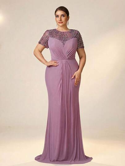 Serin Plus Size Elegant Luxurious Dark Pink Glamorous Pearl & Rhinestone Mesh Sheer Sleeve Fishtail Gown With Train, Suitable For Wedding, Party, Holiday, Bridal, Mother Of The Bride Evening Dress