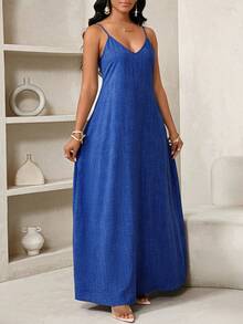 SHEIN Lady Spring And Summer Casual Full Royal Blue Faux Denim Beach Spaghetti Strap Prom Dress Suspender Dress Plus Size Dress Plaid Dress African Dress, Women's Sundress Summer Dress  Spring Outfit Women   Casual Dresses For Women Vacation Outfits Women  Stylish Clothing Collection Royal Blue Maxi Dress - Royal Blue - View 3