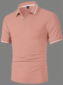 Calvornis 男士休閒對比飾邊短袖 Polo 衫，適合日常穿著、正式場合、典禮 - 珊瑚粉 - 查看 4