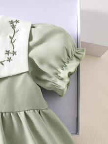 SHEIN Robe à manches courtes bouffantes rose pour bébé fille nouveau-né printemps/été, avec col claudine brodé, jupe à bordure en dentelle, style mignon et doux de princesse, tenues pour bébé fille nouveau-né - Vert - Voir 8