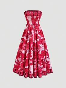 Sunnyshic European And American Fashion Casual Holiday Series Exquisite Elegant Printed Casual Long Waist-Cinched Strapless Slim Summer Dress For Women - Burgundy - View 2