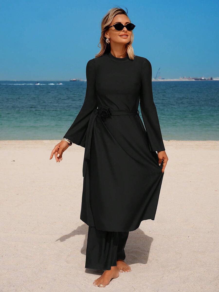 Swim Mulvari 1件装女士休闲冲浪长袖拉链前开襟连体泳衣 - 黑色 - 查看 1