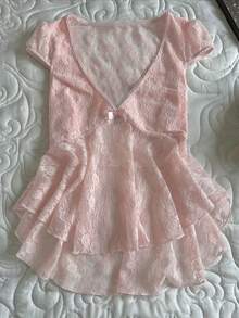 INAWLY Camiseta de mujer de manga corta con cuello en V, encaje transparente, decoración de lazo y bajo asimétrico, para verano - Rosa - Ver 3