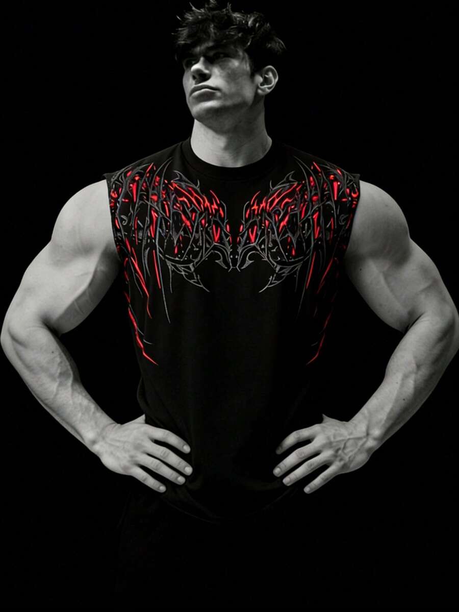 GymBeat Men's Graphic Print Black Round Neck Sleeveless Sports Tank Top, Summer - Black - View 1