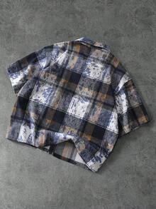 Manfinity Roghcode Vintage Distressed Plaid Shirt For Men,Boxy Zip-Front Short Sleeve Shirt,Utility Pockets,Retro Workwear,Navy Blue,Summer,Streetwear,City Break,Woven - Blue - View 2