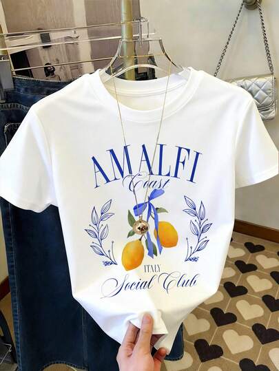 Cute Bow & Lemon Print, Tween Girls' Casual Minimalist Short Sleeve Round Neck T-Shirt, Suitable For Summer Vacation