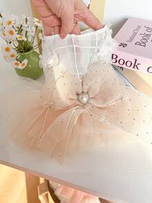 PETSIN 1pc Pet Pearl Decorative Mesh Dress Love Rhinestone Bow Decoration Elegant Princess Style Cat And Dog Universal Clothes - Beige - View 3
