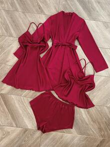 SilkySpell Bộ đồ nữ màu trơn gồm áo hai dây, quần short, váy và áo khoác cardigan, đồ mặc nhà và đồ ngủ thoải mái. - Màu Đỏ Sâu - Xem 2